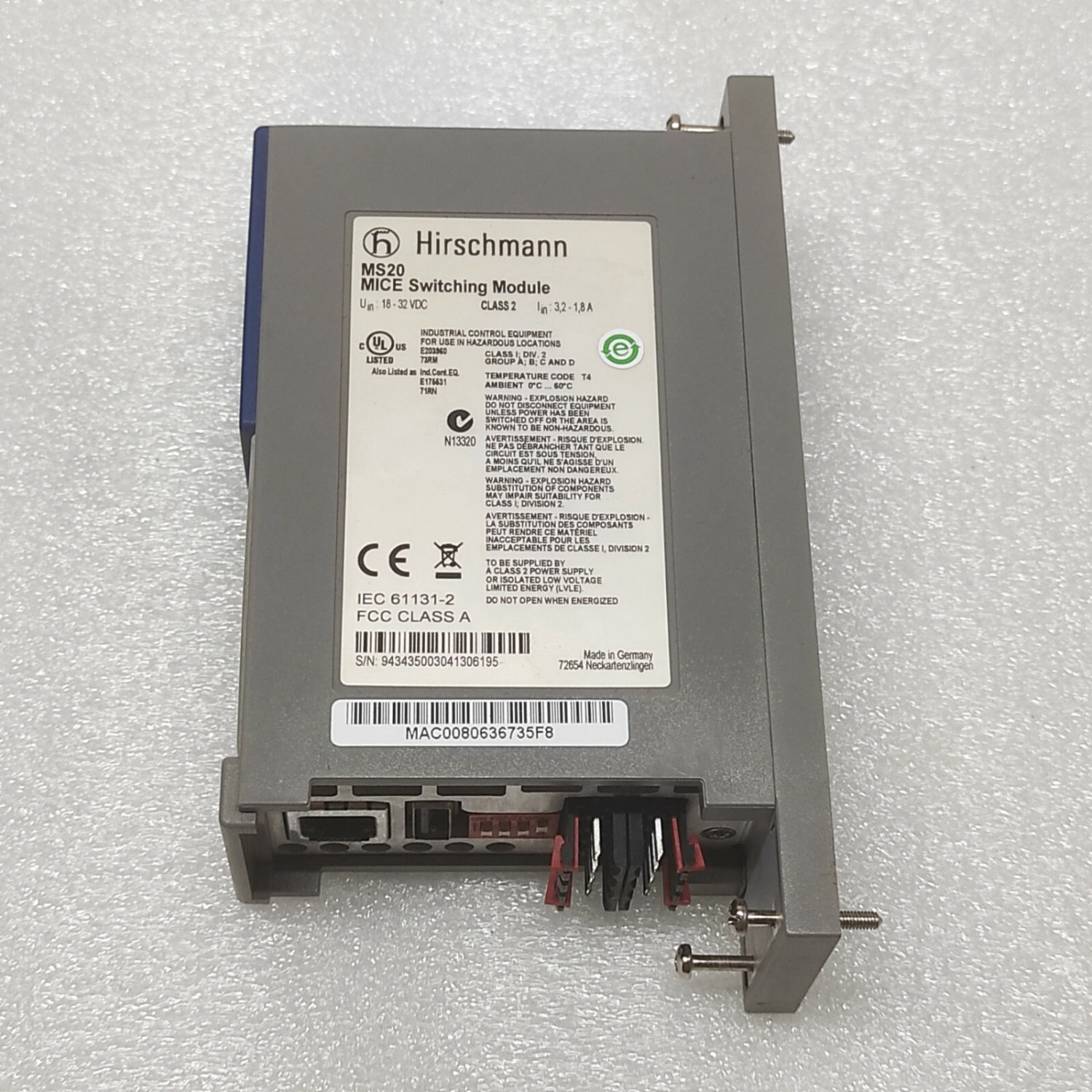 HIRSCHMANN MS20 MICE SWITCHING MODULE 18-32VDC MS20-1600SAAEHH04.0.01 - Image 3