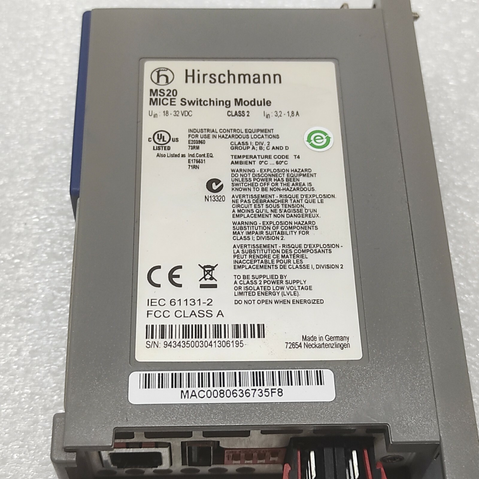 HIRSCHMANN MS20 MICE SWITCHING MODULE 18-32VDC MS20-1600SAAEHH04.0.01 - Image 4