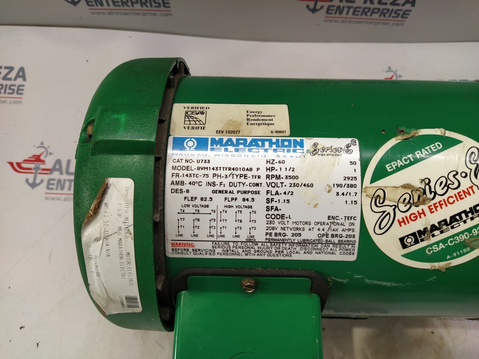 MARATHON ELECTRIC 8VM143TTFR4010AB-P ELECTRIC MOTOR U733 1.5-HP 3500 RPM 230/460 - Image 7