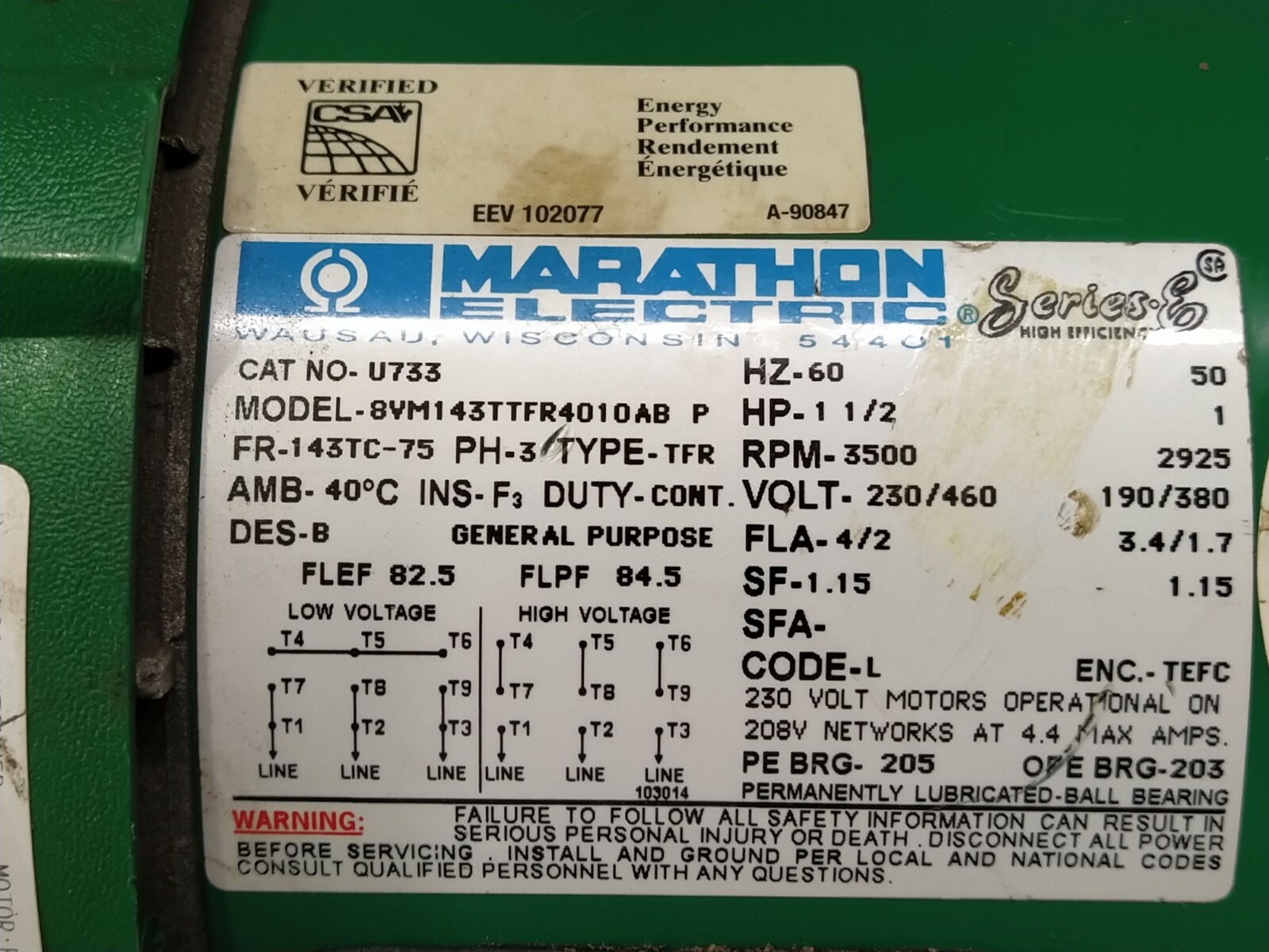 MARATHON ELECTRIC 8VM143TTFR4010AB-P ELECTRIC MOTOR U733 1.5-HP 3500 RPM 230/460 - Image 8