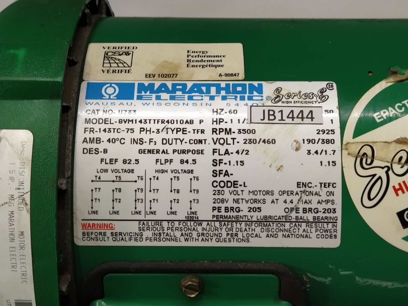 MARATHON ELECTRIC 8VM143TTFR4010AB-P ELECTRIC MOTOR U733 1.5-HP 3500 RPM 230/460 - Image 9