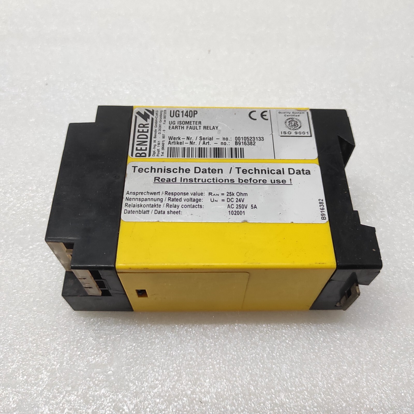 BENDER UG140P EARTH FAULT RELAY B916382 24VDC - Image 3