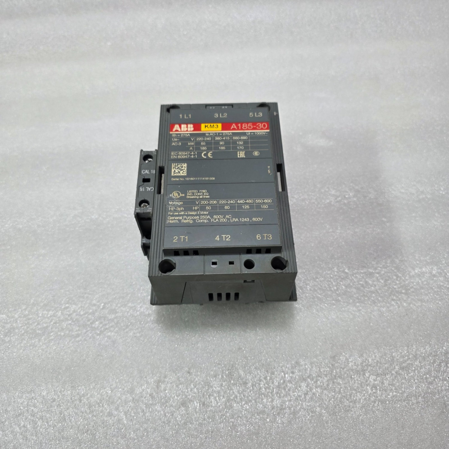 ABB A185-30 AC CONTACTOR 185A 275A 690V + CAL18-I1 AUX CONTACT IEC60947